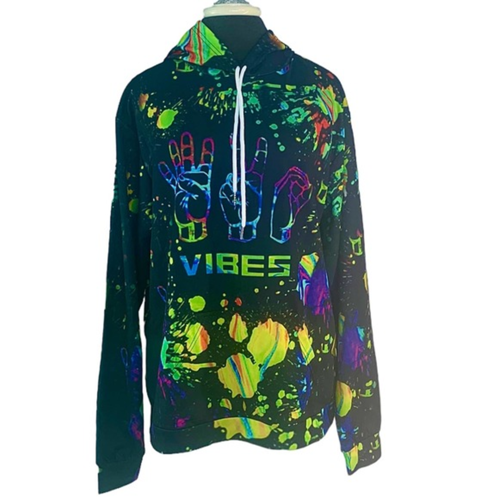 Vibes Graphic Hoodie colorful‎ paint splatter and hand signs Print long sleeve.